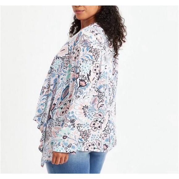 TORRID Plus 1X Gauze Roll Tab Sleeve Tunic Floral Open From Cardigan Waterfall - Picture 3 of 12